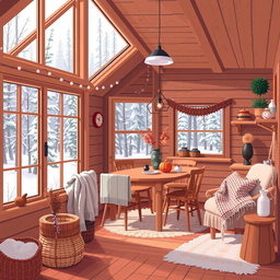 A cozy, warm Pixel art depiction of a cottage's interior, showcasing a homey atmosphere