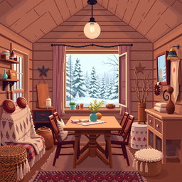 A cozy, warm Pixel art depiction of a cottage's interior, showcasing a homey atmosphere