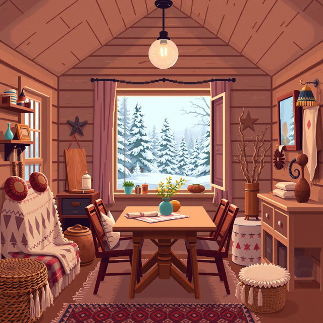 A cozy, warm Pixel art depiction of a cottage's interior, showcasing a homey atmosphere