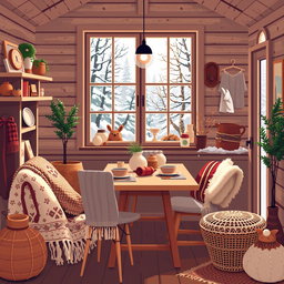 A cozy, warm Pixel art depiction of a cottage's interior, showcasing a homey atmosphere
