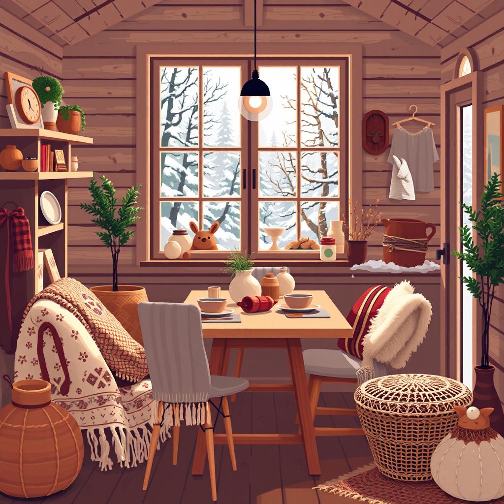 A cozy, warm Pixel art depiction of a cottage's interior, showcasing a homey atmosphere