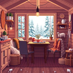 A cozy, warm Pixel art depiction of a cottage's interior, showcasing a homey atmosphere