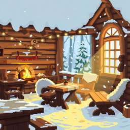 A cozy indoor scene crafted in 64x pixel art style, depicting a warm, inviting cottage nestled in a snowy forest setting
