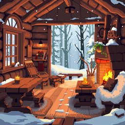 A cozy indoor scene crafted in 64x pixel art style, depicting a warm, inviting cottage nestled in a snowy forest setting