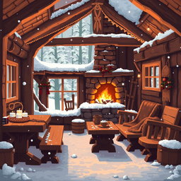 A cozy indoor scene crafted in 64x pixel art style, depicting a warm, inviting cottage nestled in a snowy forest setting