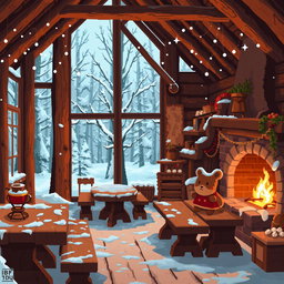 A cozy indoor scene crafted in 64x pixel art style, depicting a warm, inviting cottage nestled in a snowy forest setting