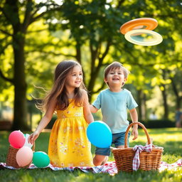 A heartwarming scene of a girl and boy enjoying a sunny day in a park