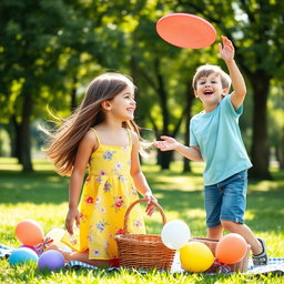 A heartwarming scene of a girl and boy enjoying a sunny day in a park
