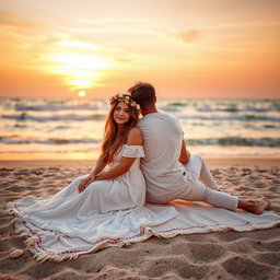 A romantic scene featuring a girlfriend and boyfriend sitting together on a cozy blanket at sunset on a beach