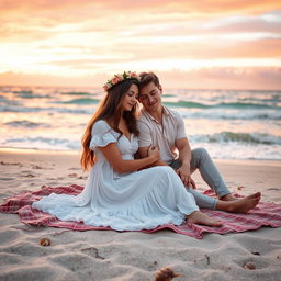 A romantic scene featuring a girlfriend and boyfriend sitting together on a cozy blanket at sunset on a beach