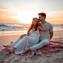 A romantic scene featuring a girlfriend and boyfriend sitting together on a cozy blanket at sunset on a beach