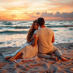 A romantic scene featuring a girlfriend and boyfriend sitting together on a cozy blanket at sunset on a beach