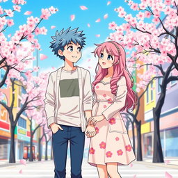 An anime-style illustration of a girlfriend and boyfriend standing together in a vibrant city environment during cherry blossom season