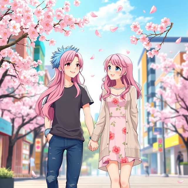An anime-style illustration of a girlfriend and boyfriend standing together in a vibrant city environment during cherry blossom season