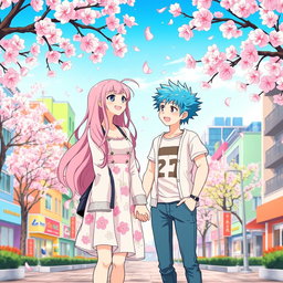 An anime-style illustration of a girlfriend and boyfriend standing together in a vibrant city environment during cherry blossom season