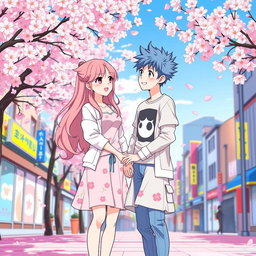 An anime-style illustration of a girlfriend and boyfriend standing together in a vibrant city environment during cherry blossom season