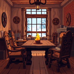 A cozy indoor scene featuring Viking furniture, showcasing a beautifully crafted wooden table and ornate chairs made from dark wood with intricate carvings