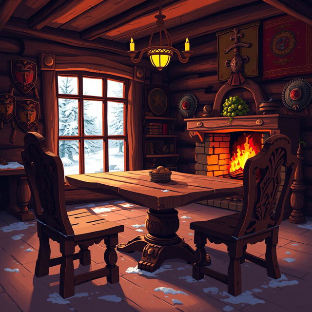 A cozy indoor scene featuring Viking furniture, showcasing a beautifully crafted wooden table and ornate chairs made from dark wood with intricate carvings
