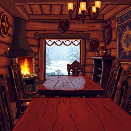 A cozy indoor scene featuring Viking furniture, showcasing a beautifully crafted wooden table and ornate chairs made from dark wood with intricate carvings