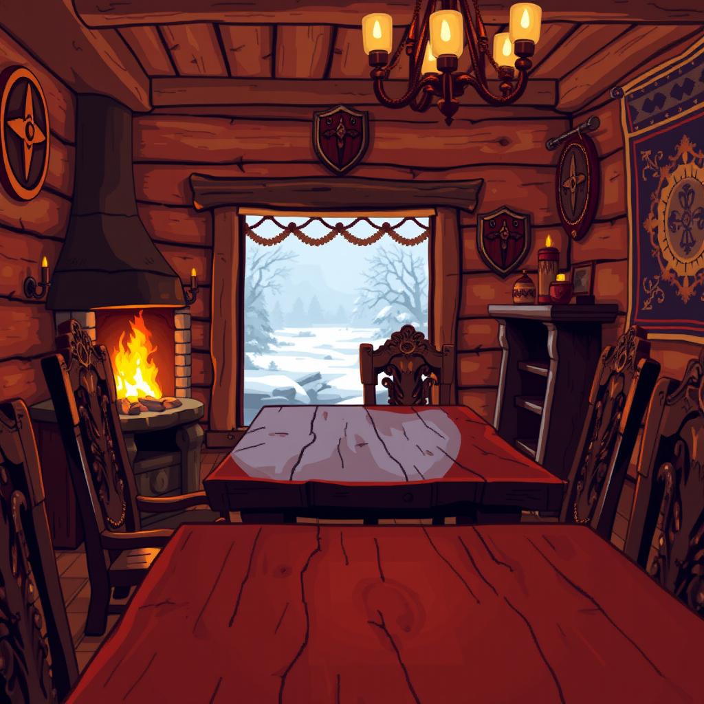 A cozy indoor scene featuring Viking furniture, showcasing a beautifully crafted wooden table and ornate chairs made from dark wood with intricate carvings