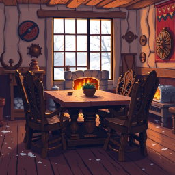 A cozy indoor scene featuring Viking furniture, showcasing a beautifully crafted wooden table and ornate chairs made from dark wood with intricate carvings