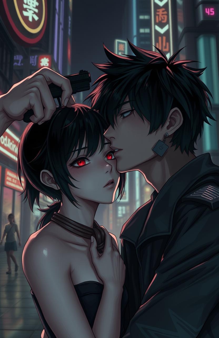 A cyberpunk scene set in a dystopian future, featuring a young girl with pale skin, black hair, and striking red eyes