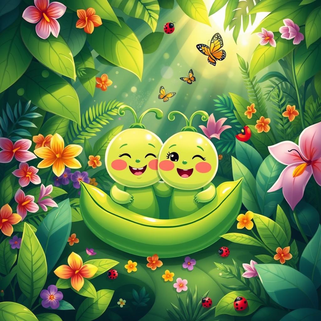 A whimsical and vibrant illustration of two green peas with cheerful faces, happily nestled together on a lush, tropical jungle floor