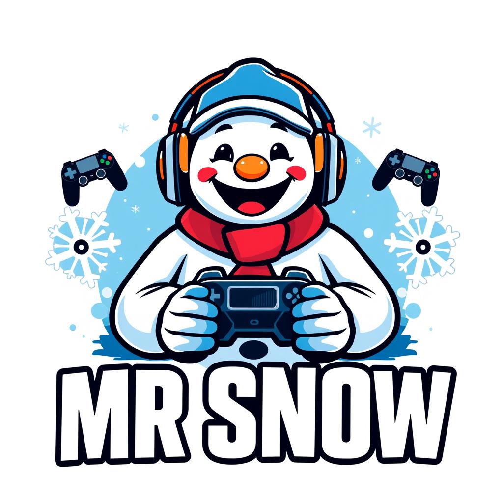 A sleek and modern logo design for a YouTube channel named 'Mr Snow', featuring a stylized snowman character with a playful expression, wearing a cap and headphones to symbolize gaming