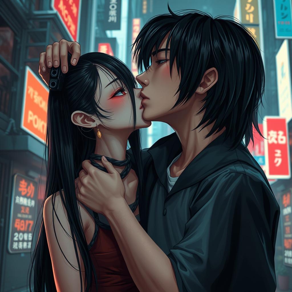 A realistic cyberpunk scene set in the year 2075, featuring a young girl with pale skin, long black hair, and captivating red eyes, showcasing her Asian heritage