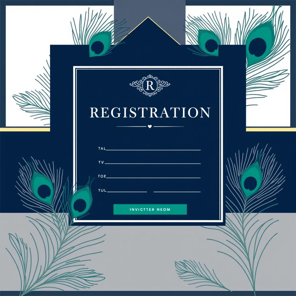 An elegant registration design featuring a palette of navy blue, peacock green, gray, and white