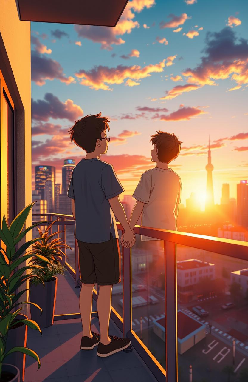 Two boys holding hands on a balcony, set in a realistic style