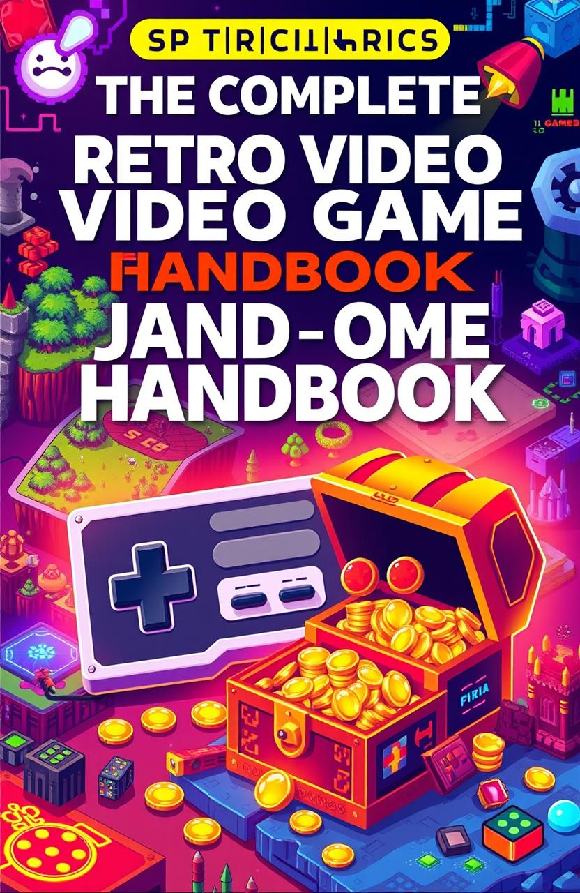 A vivid and colorful cover design for 'The Complete Retro Video Game Handbook', featuring a classic video game controller prominently in the foreground
