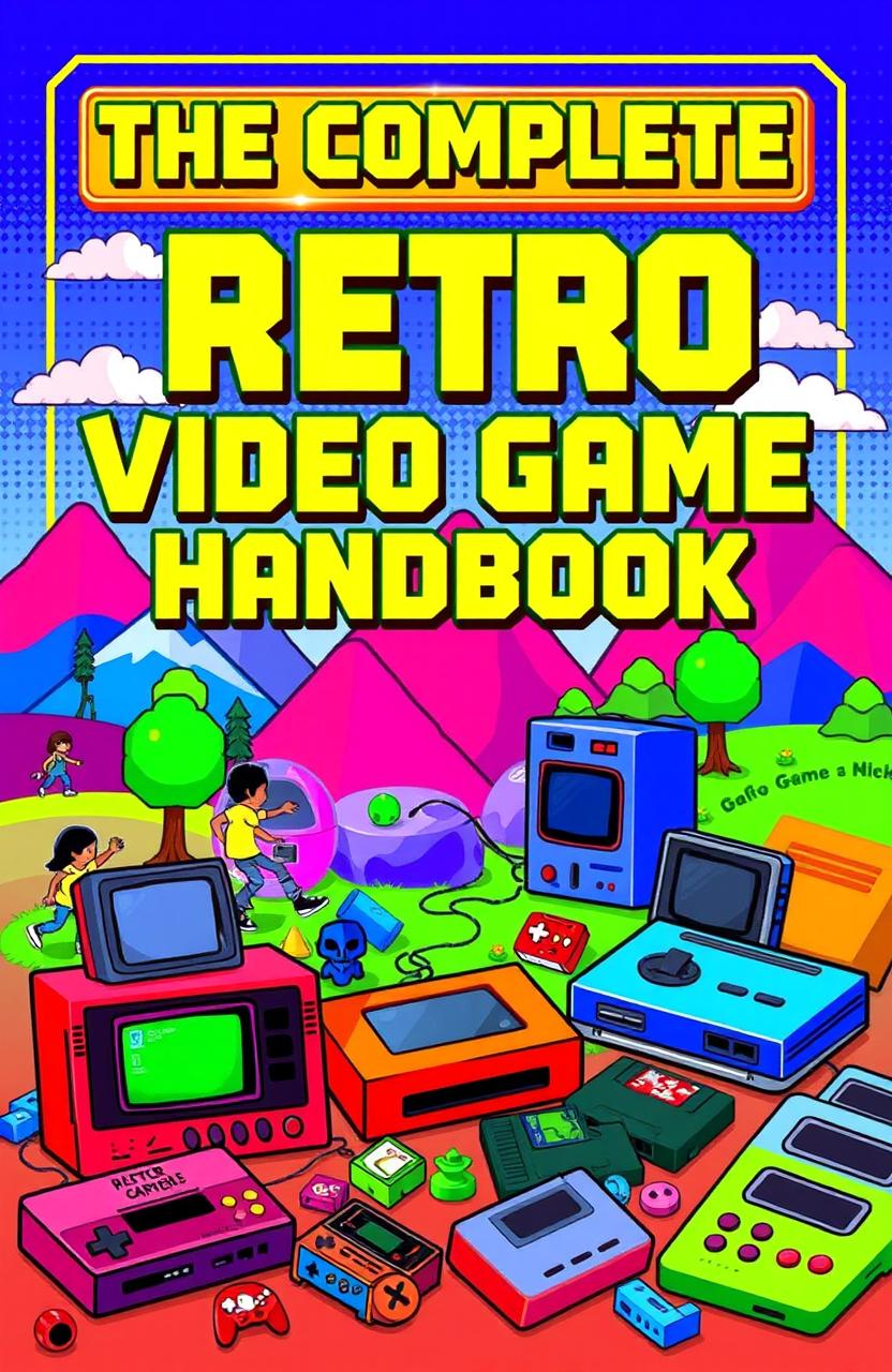 A vibrant and colorful retro video game handbook cover featuring classic 8-bit pixel art style graphics