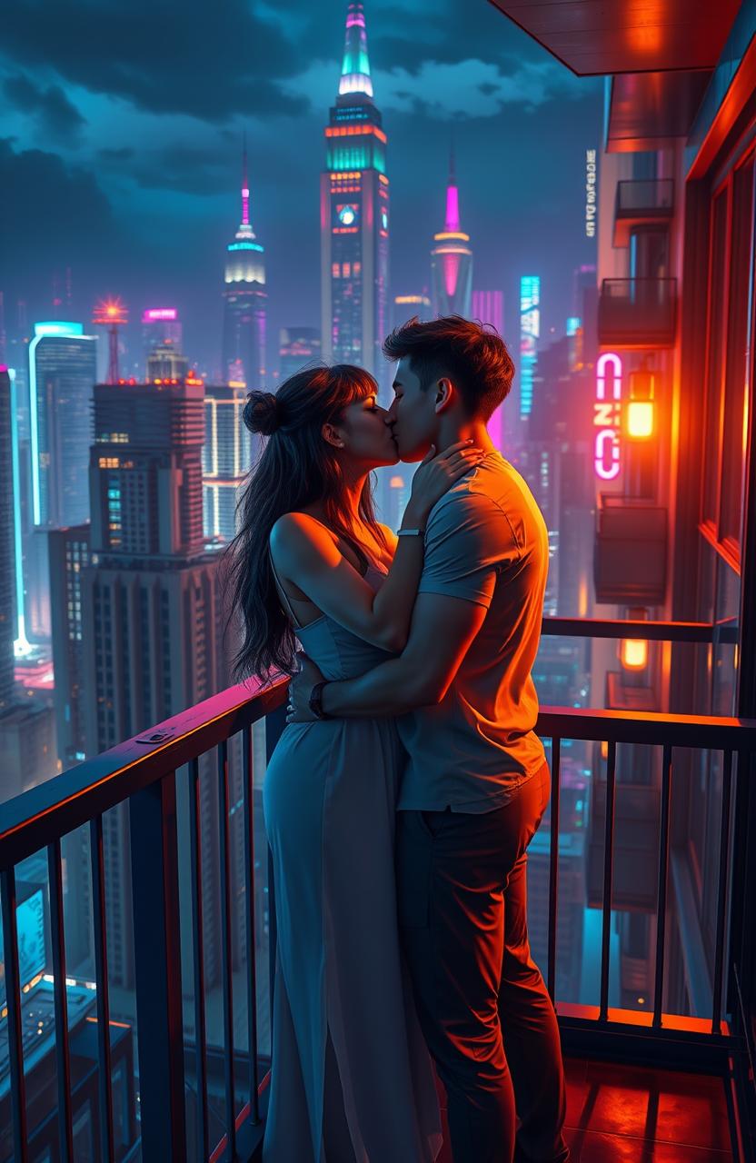 A romantic scene featuring a girl and a boy passionately kissing on a balcony
