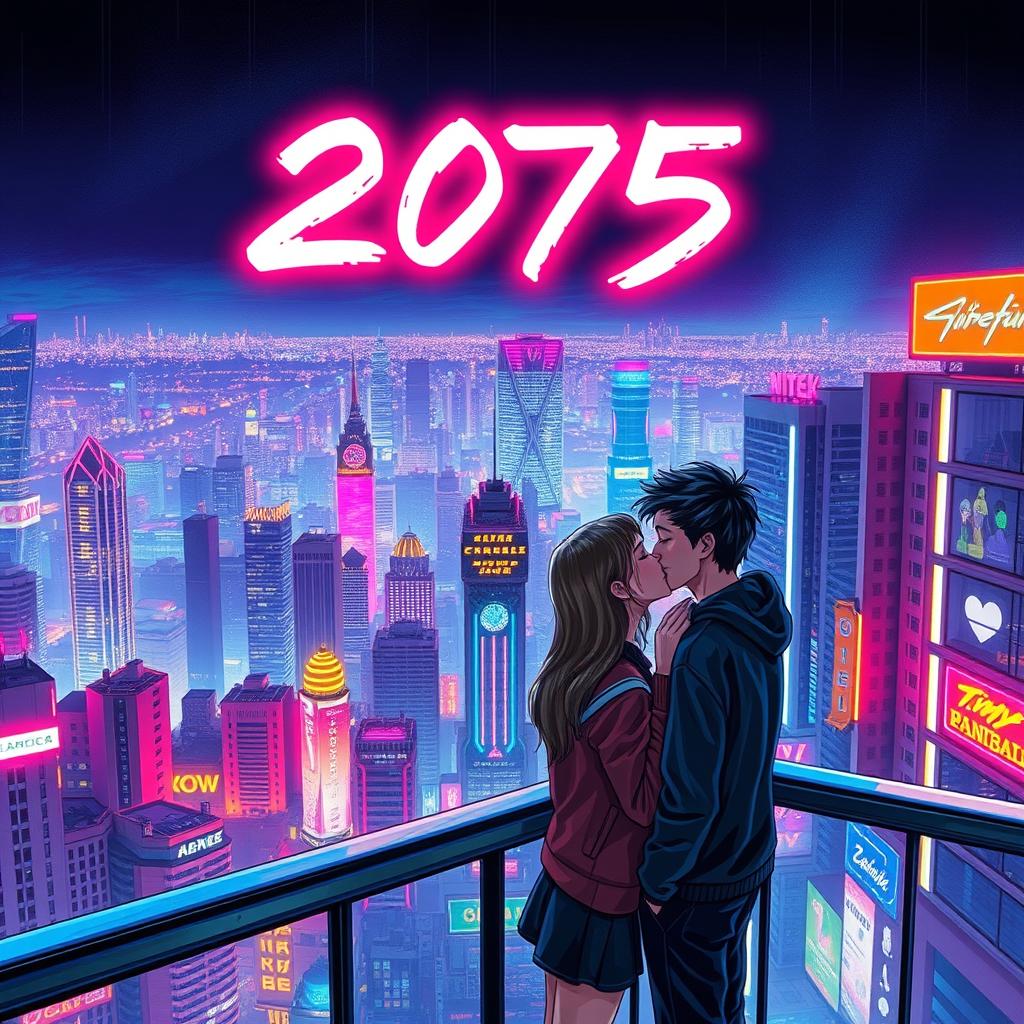 A vibrant neon Cyberpunk cityscape at night, featuring the year '2075' prominently as the title