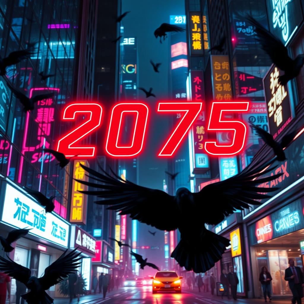 A striking neon Cyberpunk cityscape, with the year '2075' prominently featured as the title in bold, futuristic typography