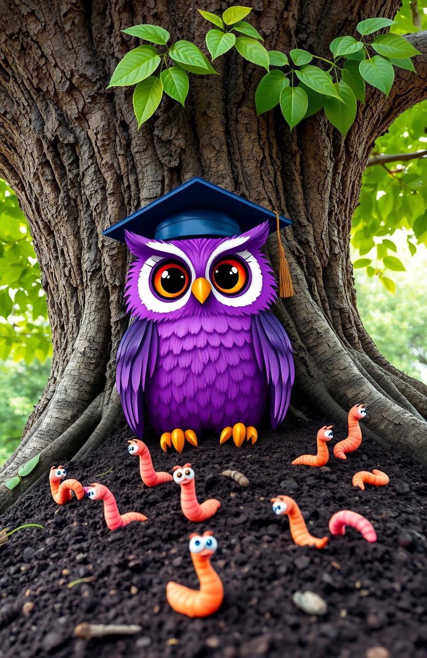 A whimsical purple owl wearing a graduate cap sits on the dirt in front of a tree, surrounded by playful worms