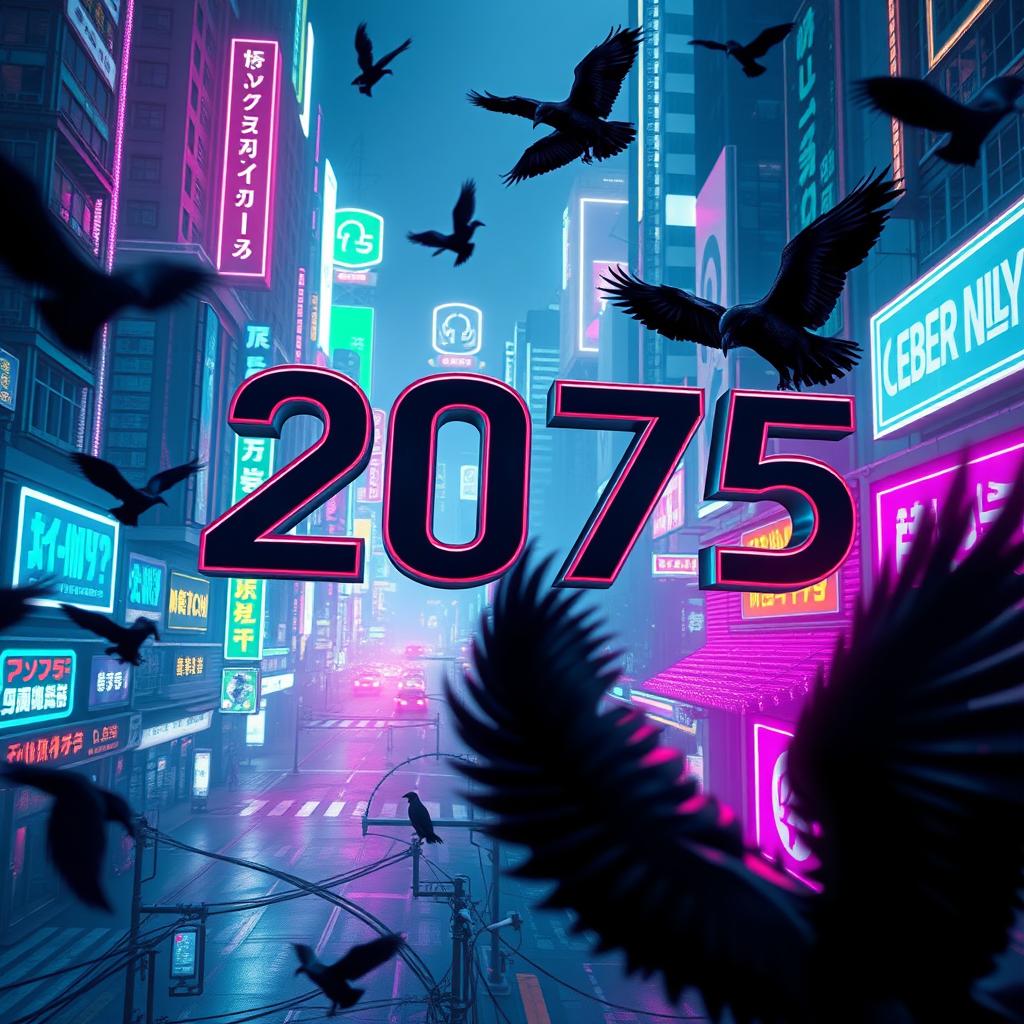 A stunning neon Cyberpunk cityscape set in the year '2075', with the title prominently displayed in sleek, futuristic typography