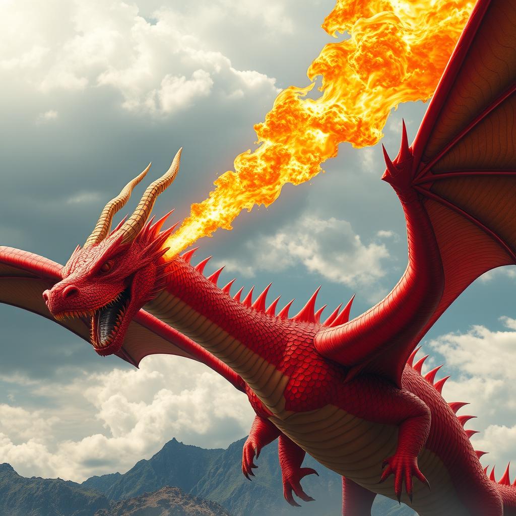 A massive red dragon with two heads, breathing fire, soaring majestically through a dramatic sky