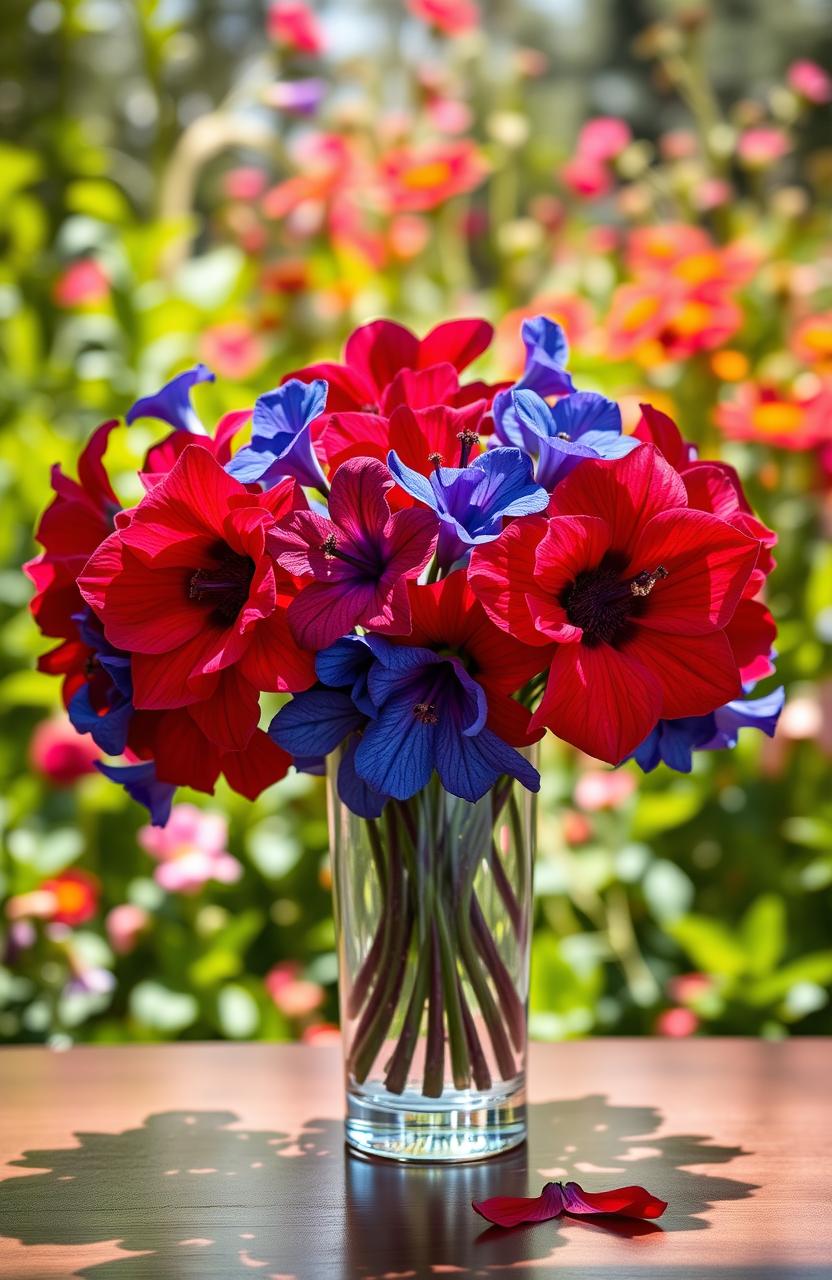 A vibrant still life composition featuring lush ruby red and deep lurkspur blue flowers arranged beautifully in an elegant glass vase