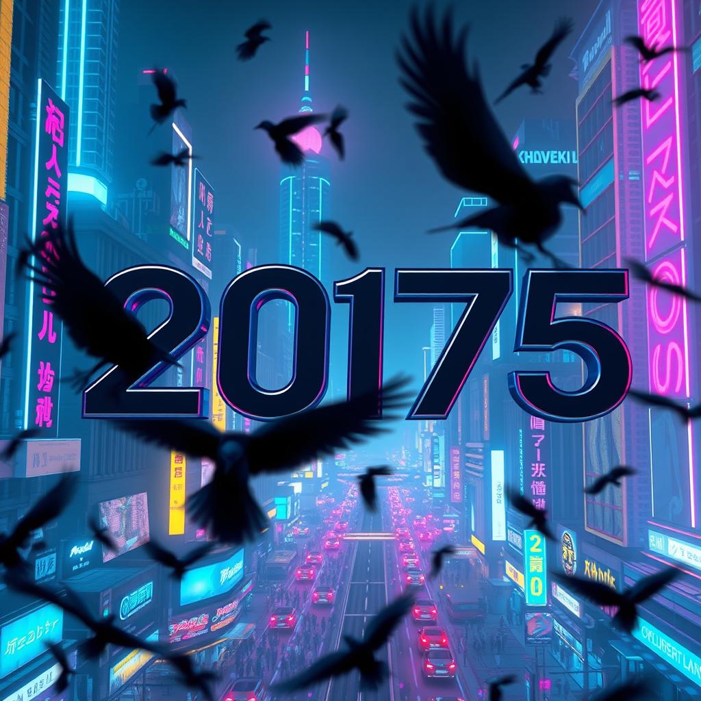 A visually striking neon Cyberpunk cityscape, with the word '2075' prominently displayed as the title in sleek, futuristic typography