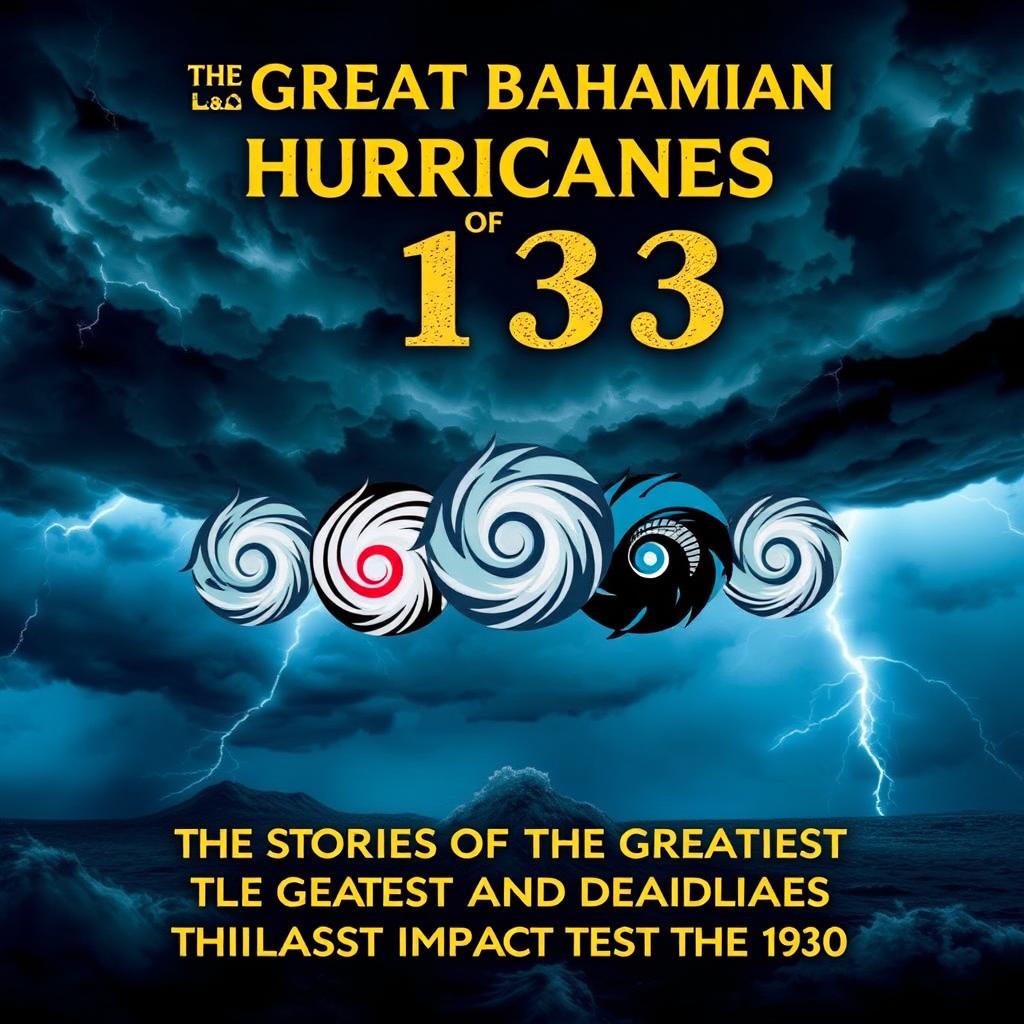 A dramatic book cover design titled 'The Great Bahamian Hurricanes of 1933', featuring a collage of five powerful hurricanes impacting the Bahamas in the 1930s