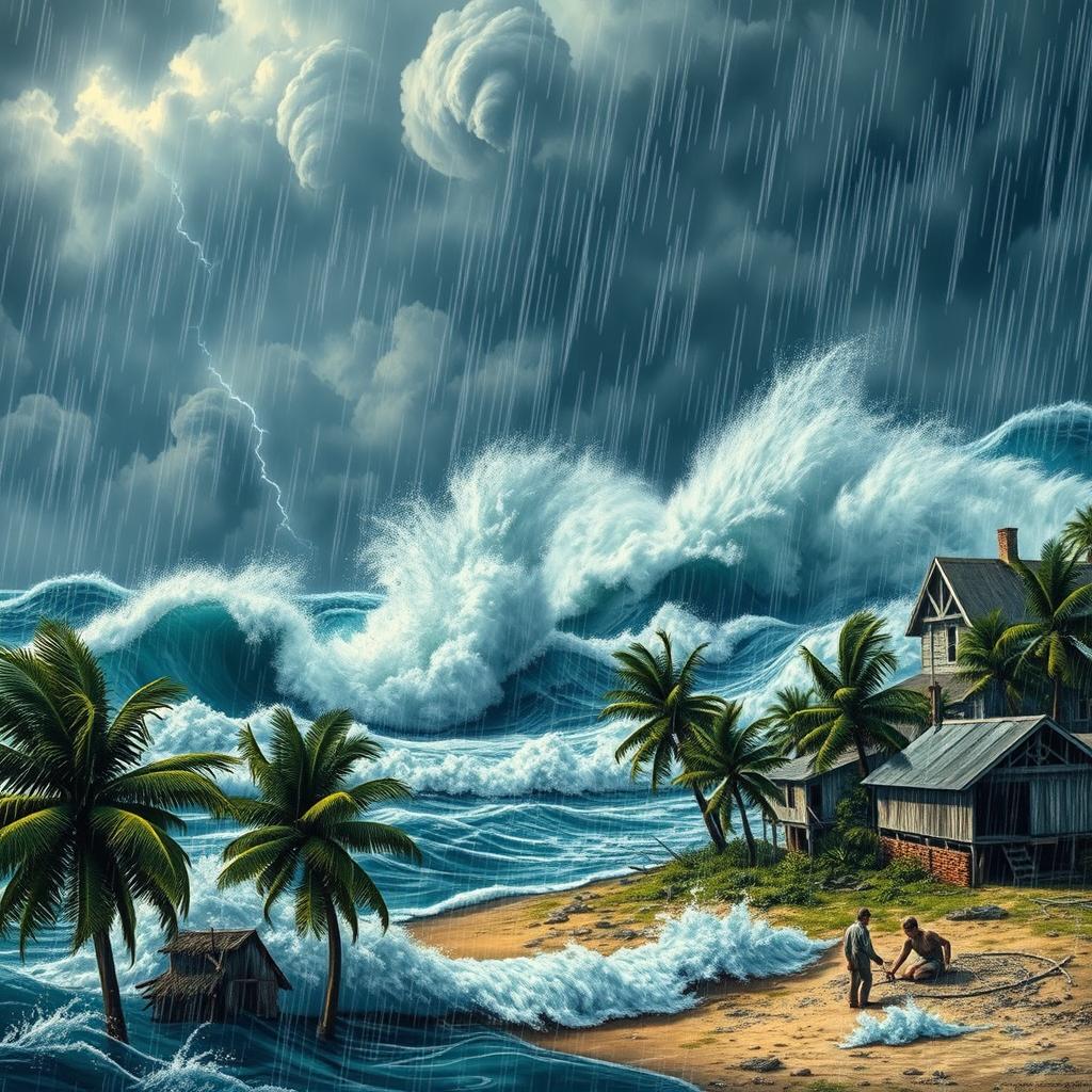 A historical depiction of The Great Bahamian Hurricanes of 1933, showcasing the dramatic impact of the storms on the islands