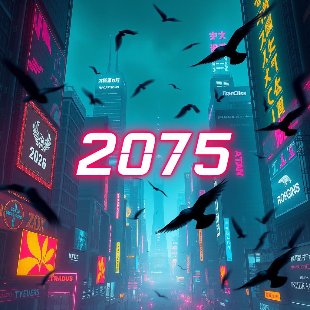 A captivating neon Cyberpunk cityscape, featuring the title '2075' in a bold, futuristic font that stands out against the vibrant backdrop