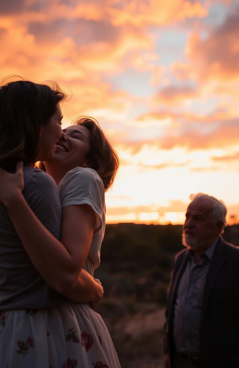 A romantic and dramatic scene featuring a young couple in love, joyfully embracing each other under a beautiful sunset