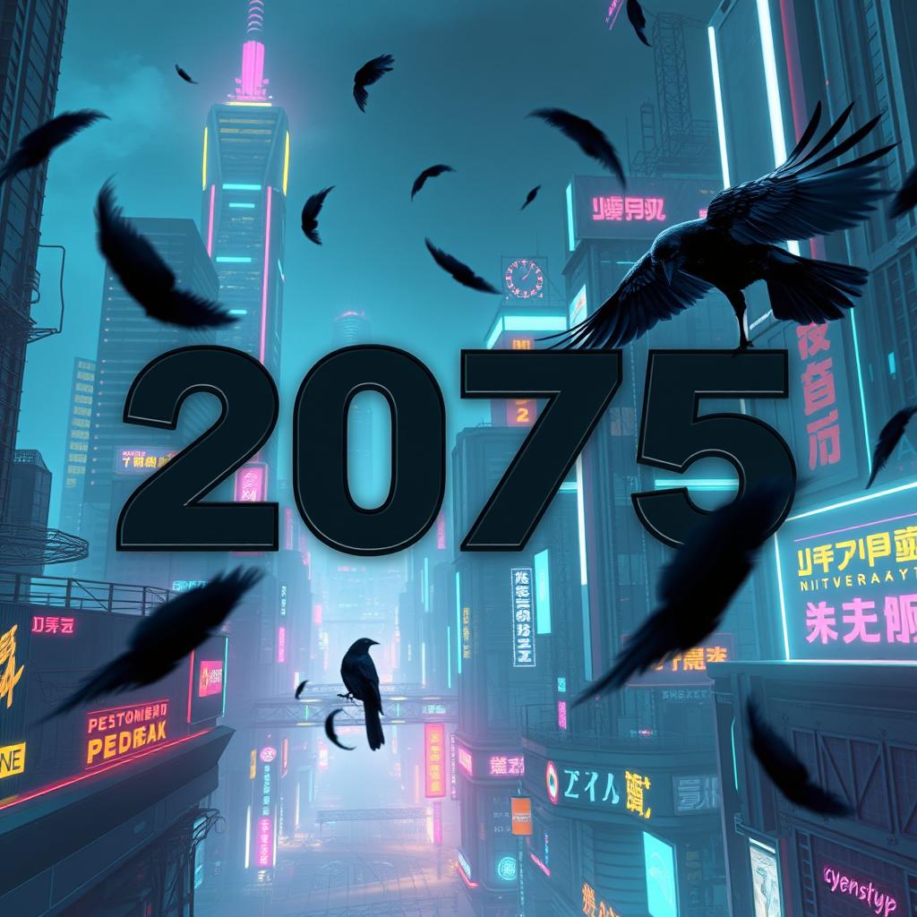 An evocative neon Cyberpunk cityscape with the title '2075' displayed in a serious, bold font that contrasts with the vibrant environment