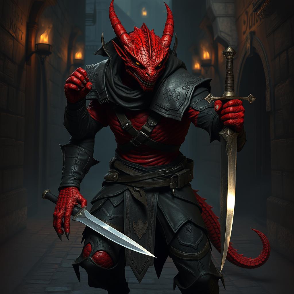 A fierce redscale Dragonborn rogue in a dynamic pose, clad in dark, lightweight leather armor that blends into the shadows