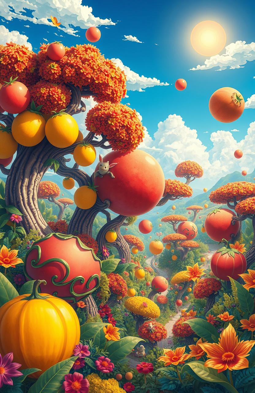A visually stunning and vibrant illustration featuring a surreal and colorful landscape filled with fantastical trees and exotic plants, where oversized, luscious fruits are depicted in vivid detail
