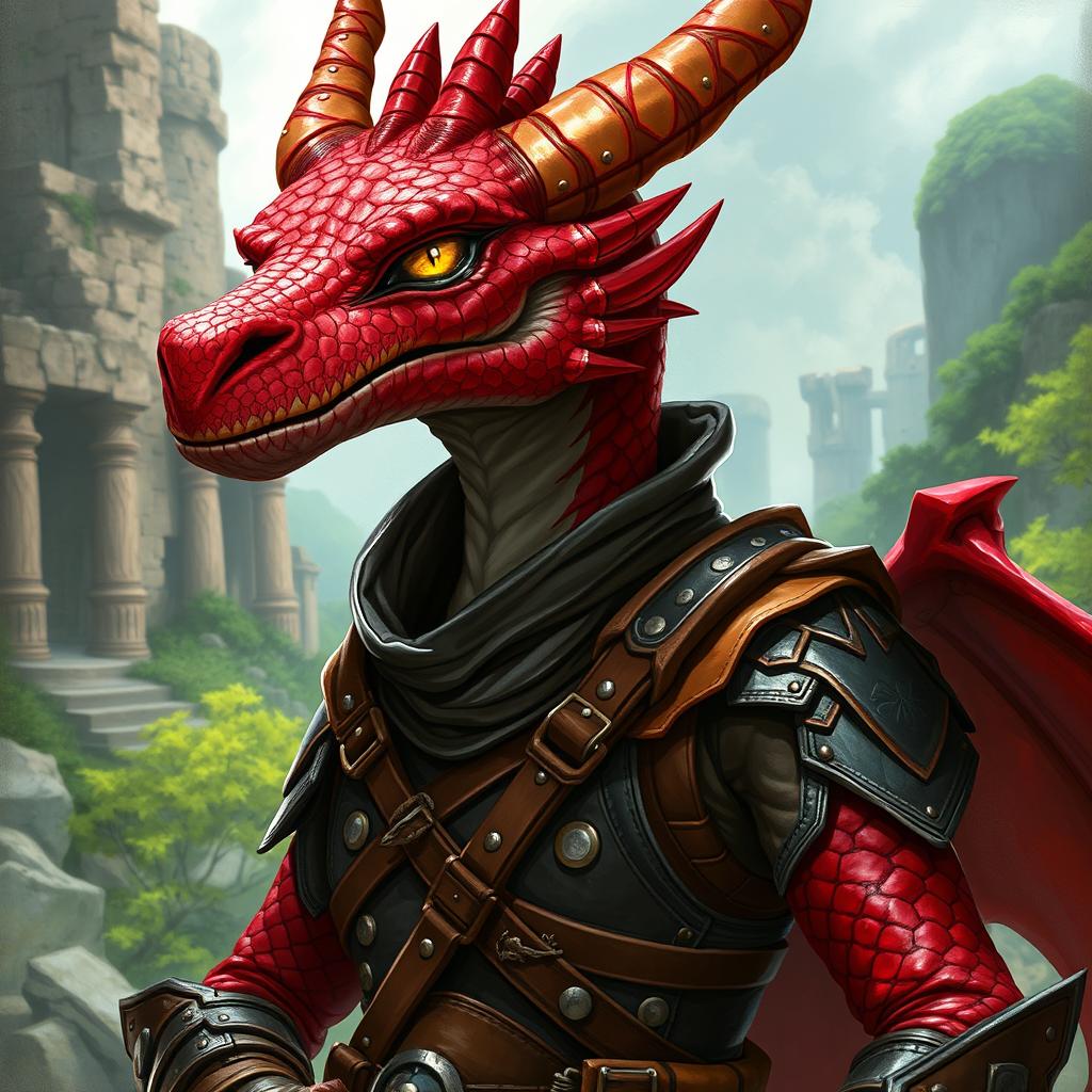 A dragonborn rogue with stunning red scales, adorned in intricately designed leather armor that allows for agility and stealth