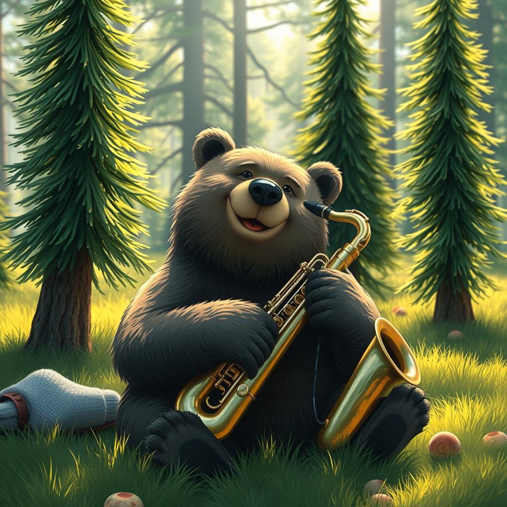 A whimsical scene featuring a bear sitting in a lush forest, with its paw transformed into a shiny saxophone instead of holding a mug